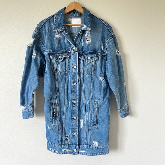 Zara Women's Distressed Button Down Long Length Medium Wash Denim Jacket - Picture 3 of 16